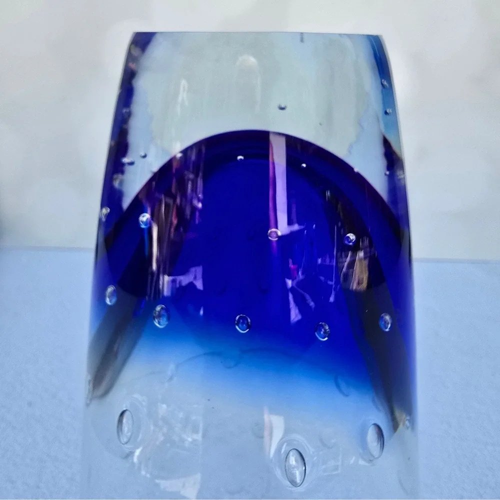 Cobalt Blue Controlled Bubble Art Glass Vase Heavy Clear Glass Bullicante 8in